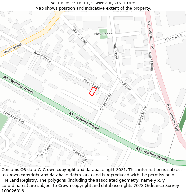 68, BROAD STREET, CANNOCK, WS11 0DA: Location map and indicative extent of plot
