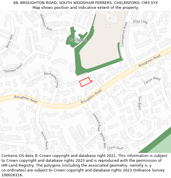 68, BROUGHTON ROAD, SOUTH WOODHAM FERRERS, CHELMSFORD, CM3 5YX: Location map and indicative extent of plot