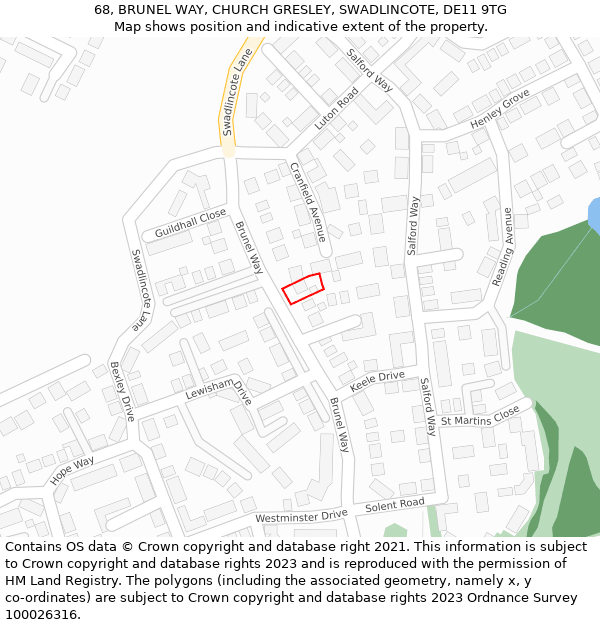 68, BRUNEL WAY, CHURCH GRESLEY, SWADLINCOTE, DE11 9TG: Location map and indicative extent of plot