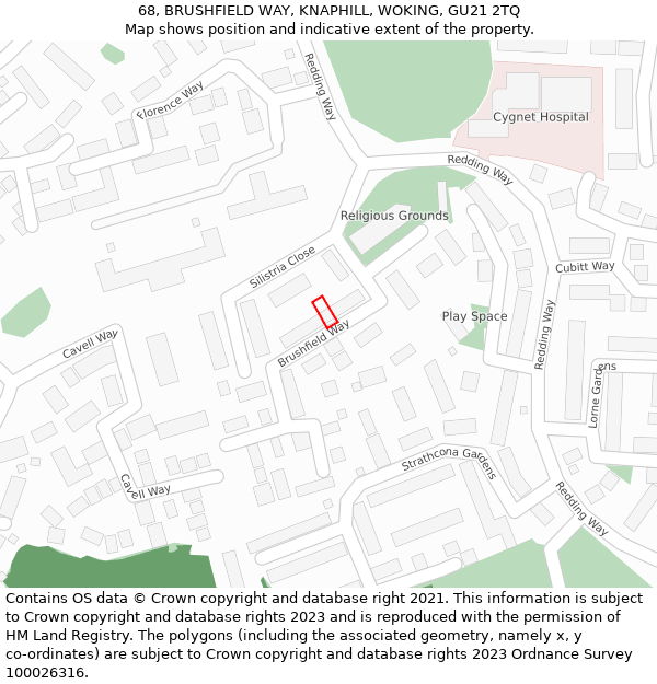 68, BRUSHFIELD WAY, KNAPHILL, WOKING, GU21 2TQ: Location map and indicative extent of plot