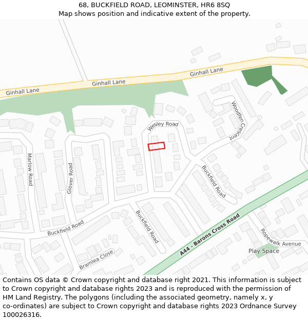 68, BUCKFIELD ROAD, LEOMINSTER, HR6 8SQ: Location map and indicative extent of plot