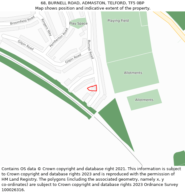 68, BURNELL ROAD, ADMASTON, TELFORD, TF5 0BP: Location map and indicative extent of plot
