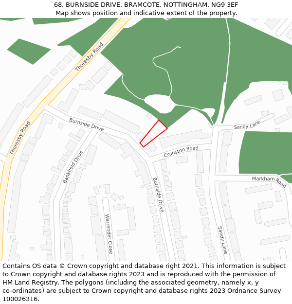 68, BURNSIDE DRIVE, BRAMCOTE, NOTTINGHAM, NG9 3EF: Location map and indicative extent of plot