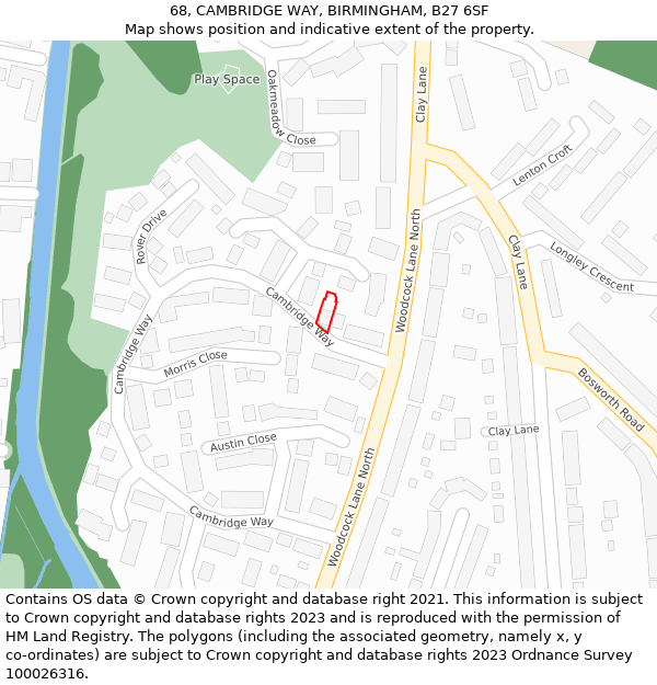 68, CAMBRIDGE WAY, BIRMINGHAM, B27 6SF: Location map and indicative extent of plot
