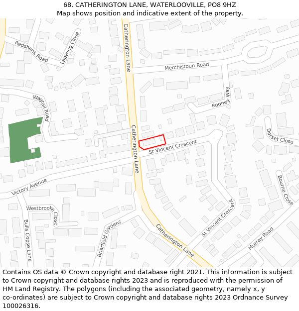 68, CATHERINGTON LANE, WATERLOOVILLE, PO8 9HZ: Location map and indicative extent of plot