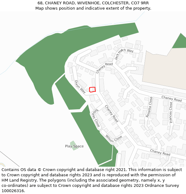 68, CHANEY ROAD, WIVENHOE, COLCHESTER, CO7 9RR: Location map and indicative extent of plot