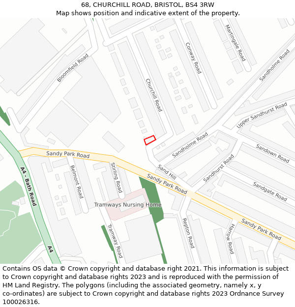 68, CHURCHILL ROAD, BRISTOL, BS4 3RW: Location map and indicative extent of plot