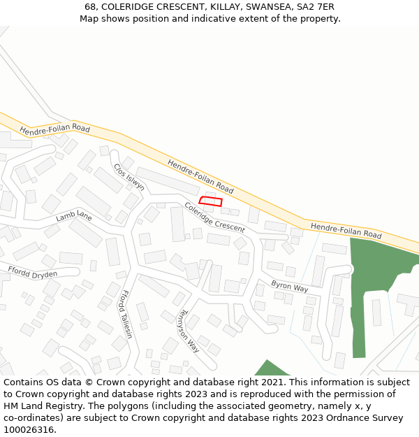 68, COLERIDGE CRESCENT, KILLAY, SWANSEA, SA2 7ER: Location map and indicative extent of plot