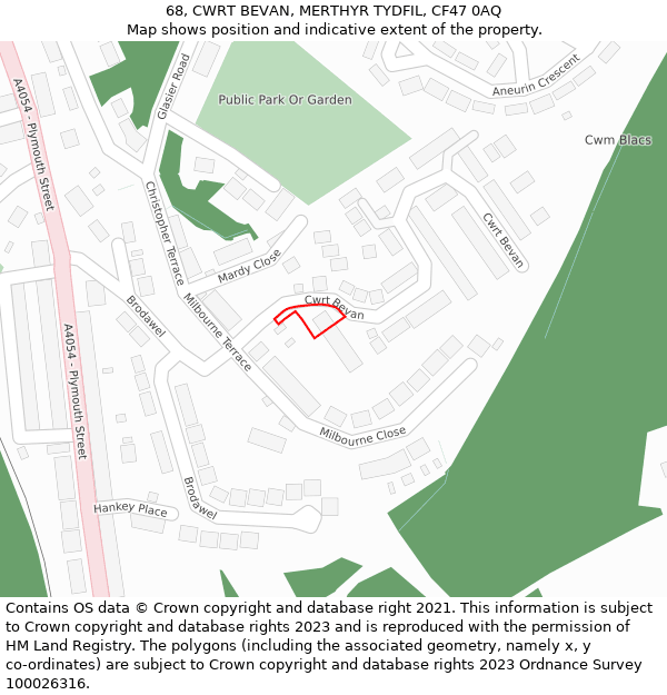 68, CWRT BEVAN, MERTHYR TYDFIL, CF47 0AQ: Location map and indicative extent of plot