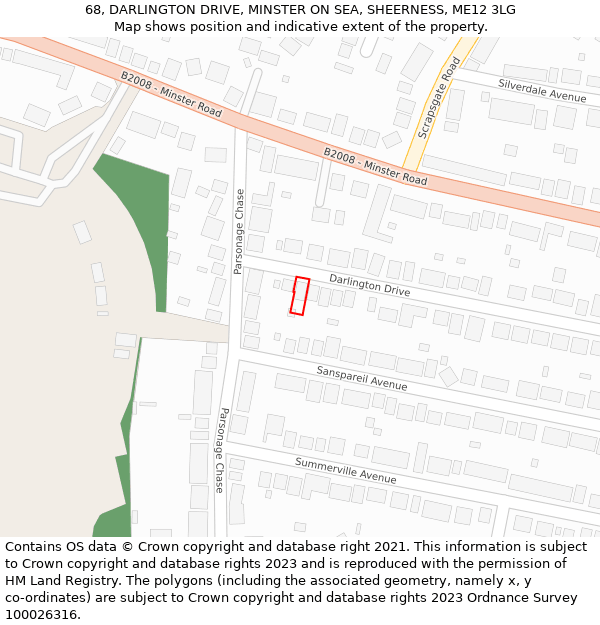 68, DARLINGTON DRIVE, MINSTER ON SEA, SHEERNESS, ME12 3LG: Location map and indicative extent of plot