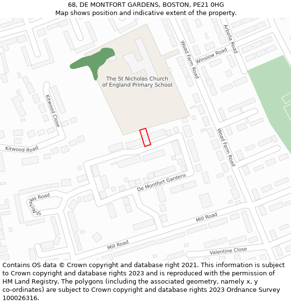 68, DE MONTFORT GARDENS, BOSTON, PE21 0HG: Location map and indicative extent of plot