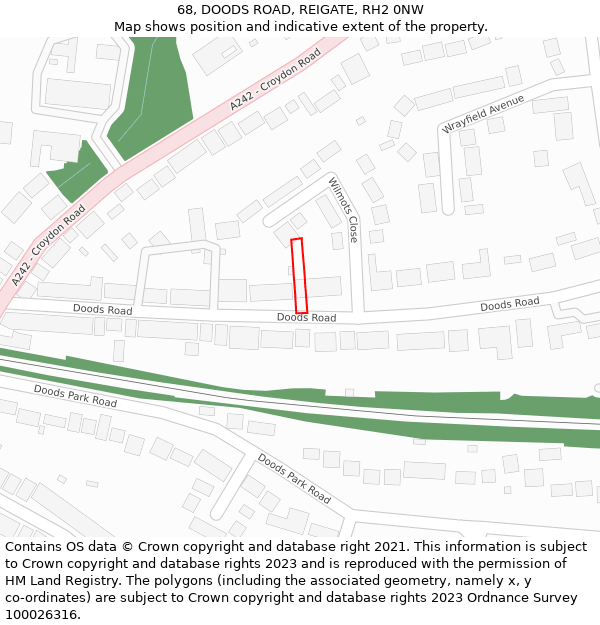 68, DOODS ROAD, REIGATE, RH2 0NW: Location map and indicative extent of plot