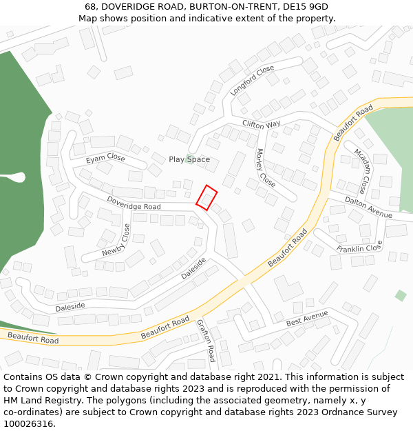 68, DOVERIDGE ROAD, BURTON-ON-TRENT, DE15 9GD: Location map and indicative extent of plot