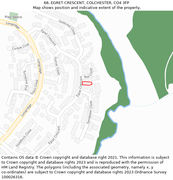 68, EGRET CRESCENT, COLCHESTER, CO4 3FP: Location map and indicative extent of plot