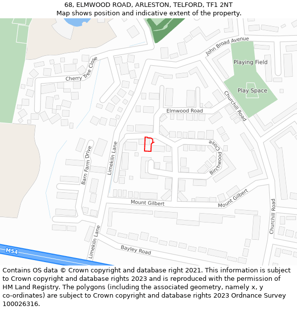 68, ELMWOOD ROAD, ARLESTON, TELFORD, TF1 2NT: Location map and indicative extent of plot