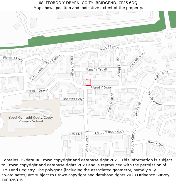 68, FFORDD Y DRAEN, COITY, BRIDGEND, CF35 6DQ: Location map and indicative extent of plot