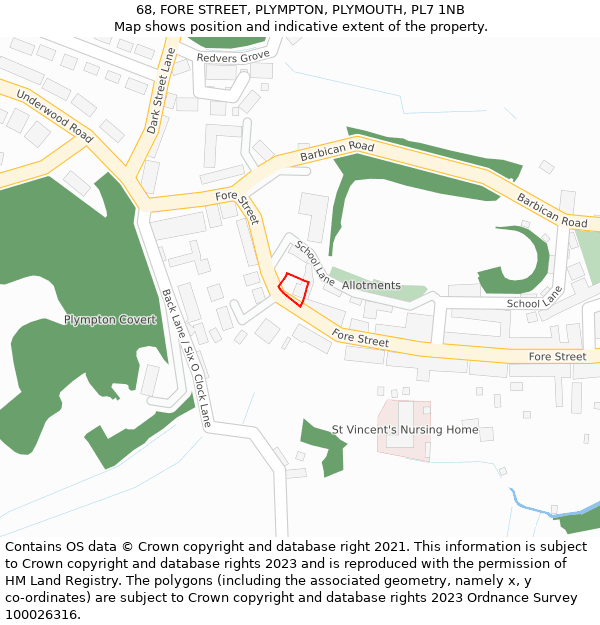 68, FORE STREET, PLYMPTON, PLYMOUTH, PL7 1NB: Location map and indicative extent of plot