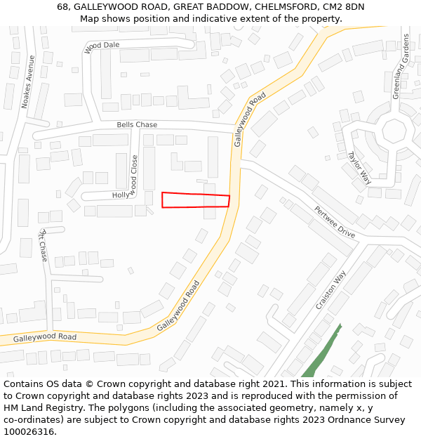 68, GALLEYWOOD ROAD, GREAT BADDOW, CHELMSFORD, CM2 8DN: Location map and indicative extent of plot