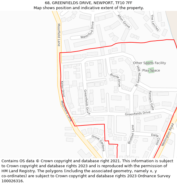 68, GREENFIELDS DRIVE, NEWPORT, TF10 7FF: Location map and indicative extent of plot