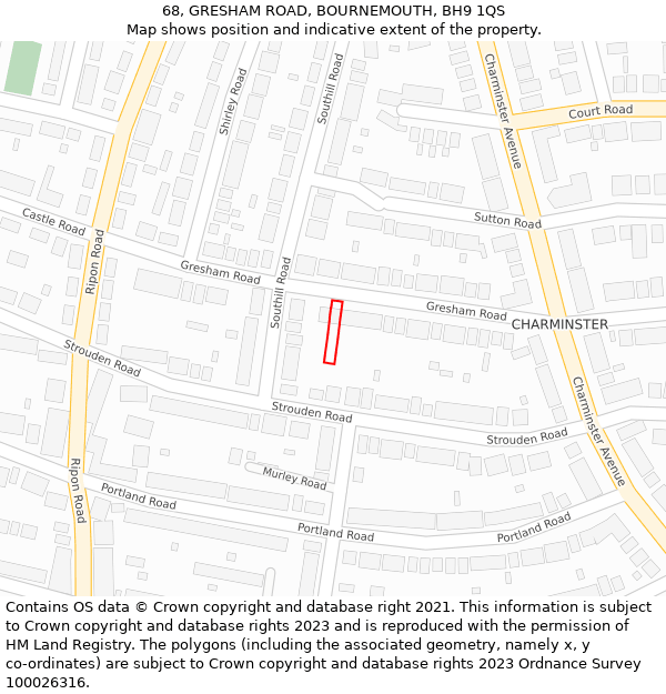68, GRESHAM ROAD, BOURNEMOUTH, BH9 1QS: Location map and indicative extent of plot