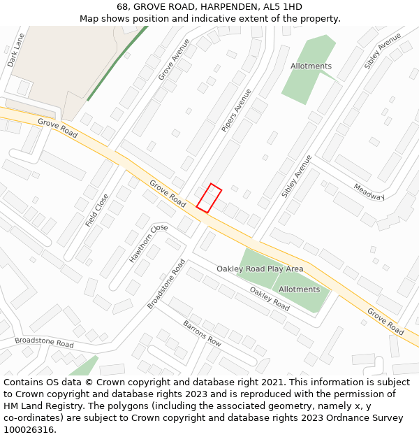 68, GROVE ROAD, HARPENDEN, AL5 1HD: Location map and indicative extent of plot