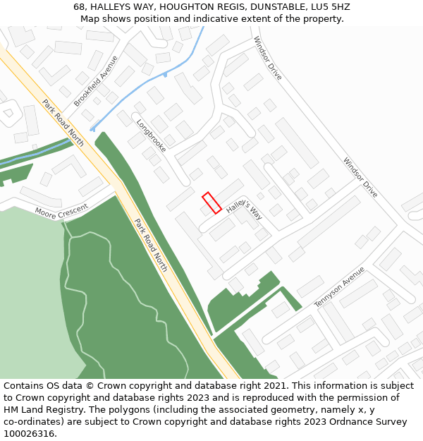 68, HALLEYS WAY, HOUGHTON REGIS, DUNSTABLE, LU5 5HZ: Location map and indicative extent of plot