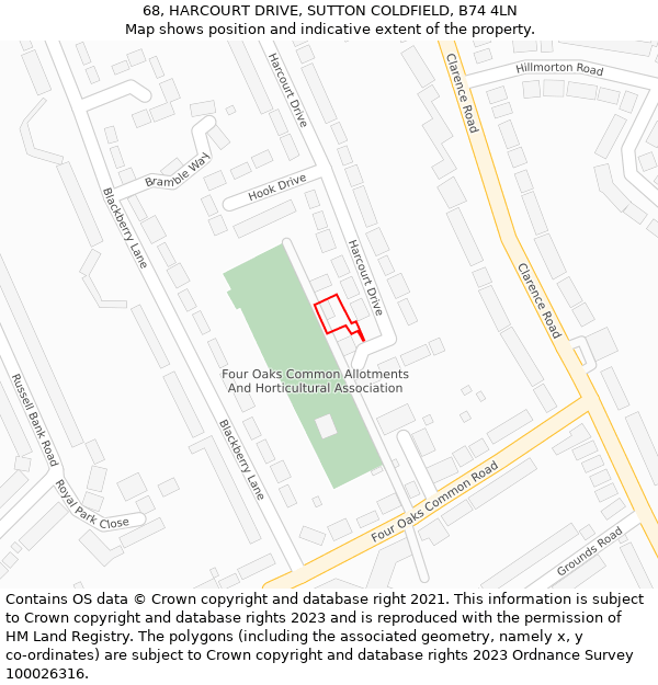 68, HARCOURT DRIVE, SUTTON COLDFIELD, B74 4LN: Location map and indicative extent of plot