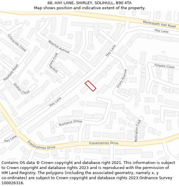 68, HAY LANE, SHIRLEY, SOLIHULL, B90 4TA: Location map and indicative extent of plot