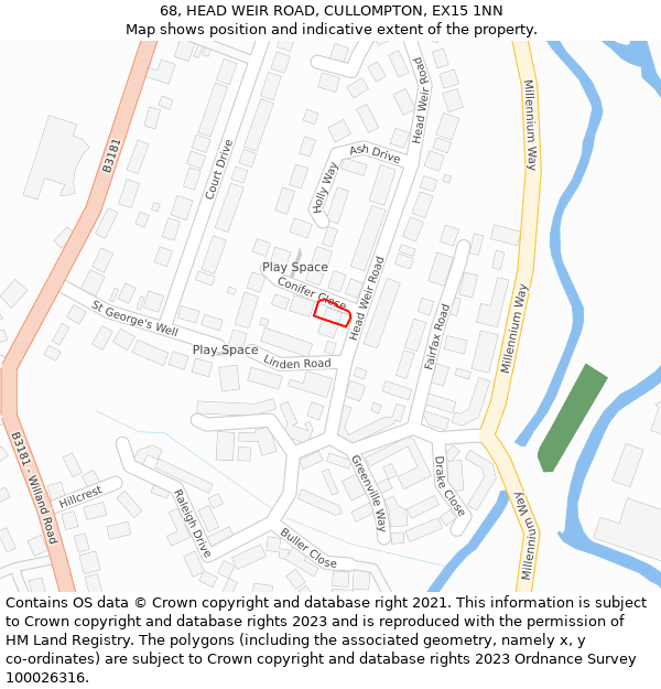 68, HEAD WEIR ROAD, CULLOMPTON, EX15 1NN: Location map and indicative extent of plot