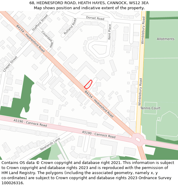 68, HEDNESFORD ROAD, HEATH HAYES, CANNOCK, WS12 3EA: Location map and indicative extent of plot