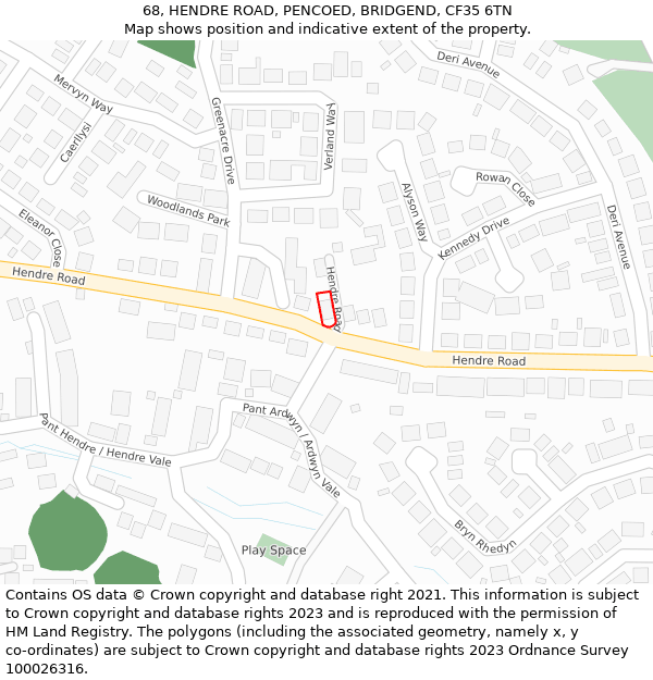 68, HENDRE ROAD, PENCOED, BRIDGEND, CF35 6TN: Location map and indicative extent of plot