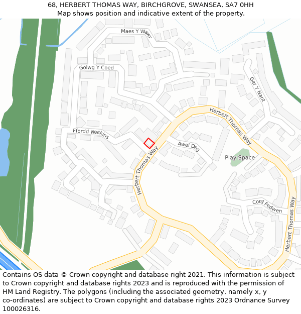 68, HERBERT THOMAS WAY, BIRCHGROVE, SWANSEA, SA7 0HH: Location map and indicative extent of plot