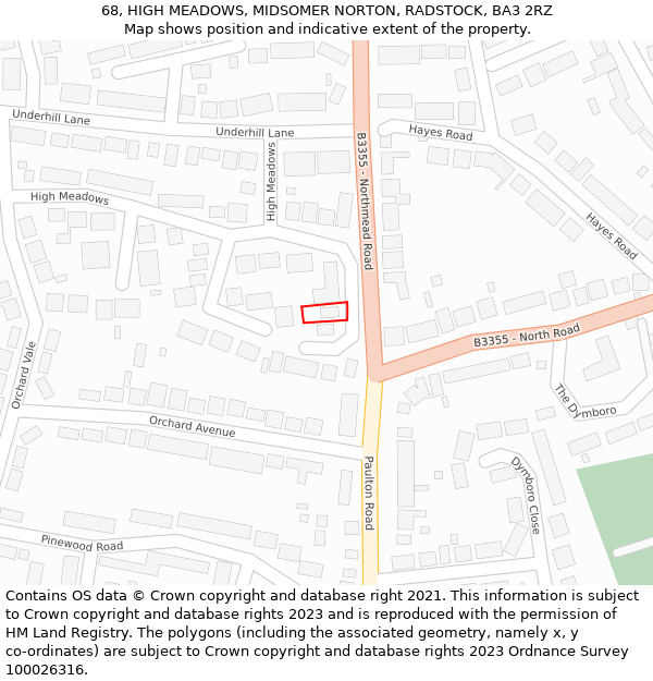 68, HIGH MEADOWS, MIDSOMER NORTON, RADSTOCK, BA3 2RZ: Location map and indicative extent of plot