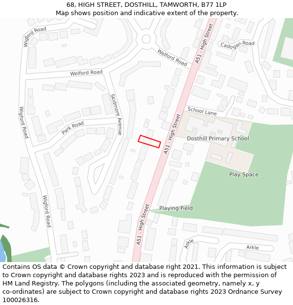 68, HIGH STREET, DOSTHILL, TAMWORTH, B77 1LP: Location map and indicative extent of plot