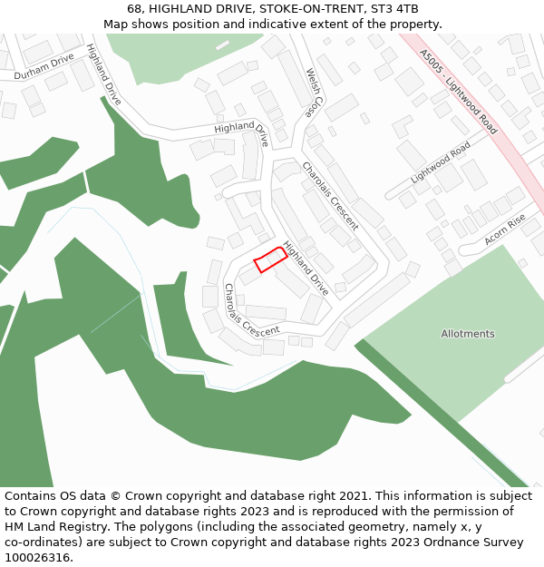 68, HIGHLAND DRIVE, STOKE-ON-TRENT, ST3 4TB: Location map and indicative extent of plot