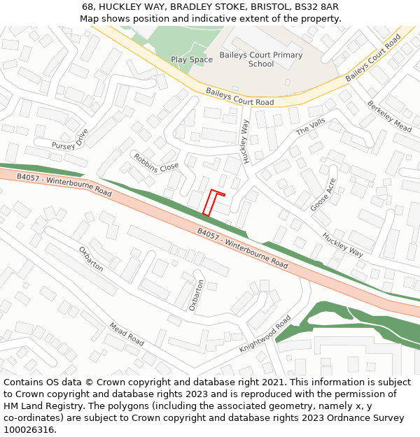 68, HUCKLEY WAY, BRADLEY STOKE, BRISTOL, BS32 8AR: Location map and indicative extent of plot