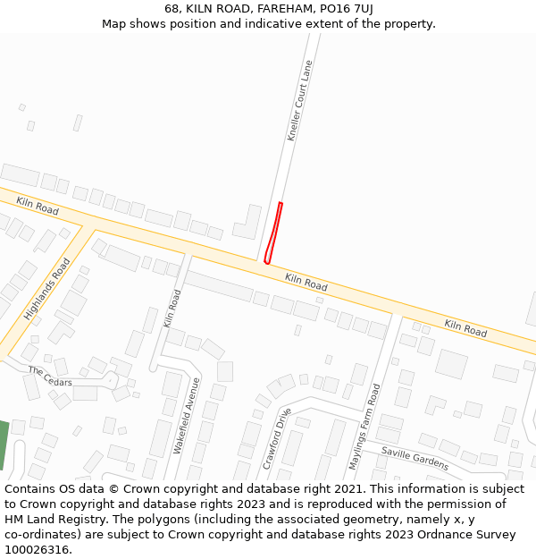 68, KILN ROAD, FAREHAM, PO16 7UJ: Location map and indicative extent of plot