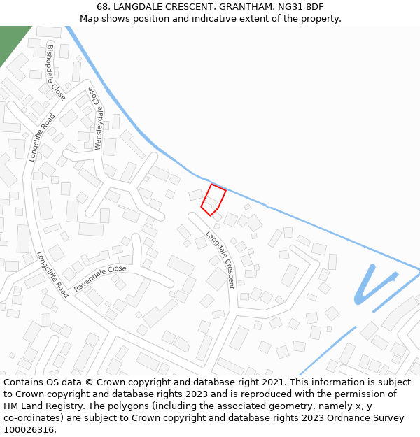 68, LANGDALE CRESCENT, GRANTHAM, NG31 8DF: Location map and indicative extent of plot