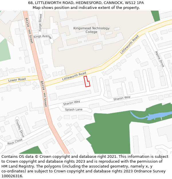 68, LITTLEWORTH ROAD, HEDNESFORD, CANNOCK, WS12 1PA: Location map and indicative extent of plot