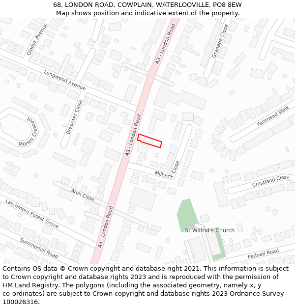68, LONDON ROAD, COWPLAIN, WATERLOOVILLE, PO8 8EW: Location map and indicative extent of plot