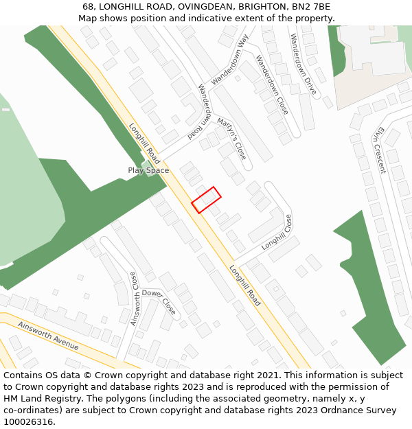 68, LONGHILL ROAD, OVINGDEAN, BRIGHTON, BN2 7BE: Location map and indicative extent of plot