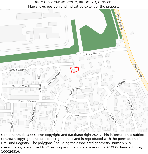 68, MAES Y CADNO, COITY, BRIDGEND, CF35 6DF: Location map and indicative extent of plot