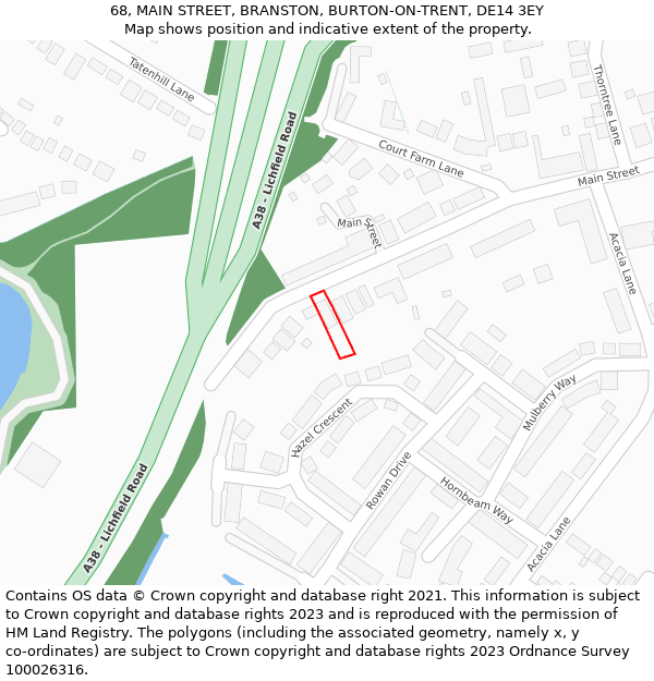 68, MAIN STREET, BRANSTON, BURTON-ON-TRENT, DE14 3EY: Location map and indicative extent of plot