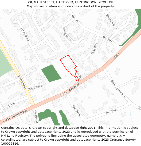 68, MAIN STREET, HARTFORD, HUNTINGDON, PE29 1XU: Location map and indicative extent of plot