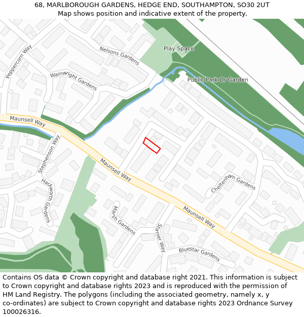 68, MARLBOROUGH GARDENS, HEDGE END, SOUTHAMPTON, SO30 2UT: Location map and indicative extent of plot