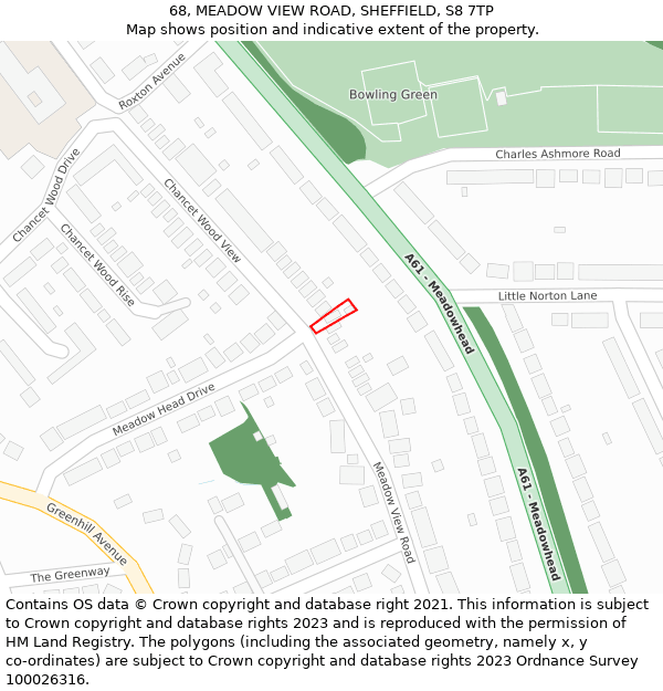68, MEADOW VIEW ROAD, SHEFFIELD, S8 7TP: Location map and indicative extent of plot