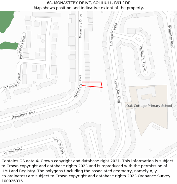 68, MONASTERY DRIVE, SOLIHULL, B91 1DP: Location map and indicative extent of plot