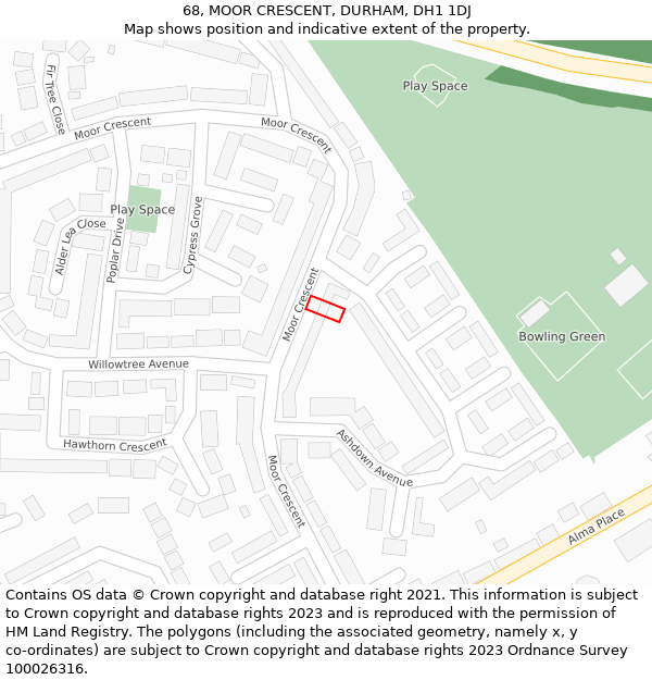 68, MOOR CRESCENT, DURHAM, DH1 1DJ: Location map and indicative extent of plot