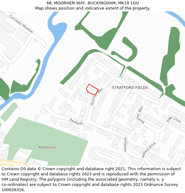 68, MOORHEN WAY, BUCKINGHAM, MK18 1GU: Location map and indicative extent of plot