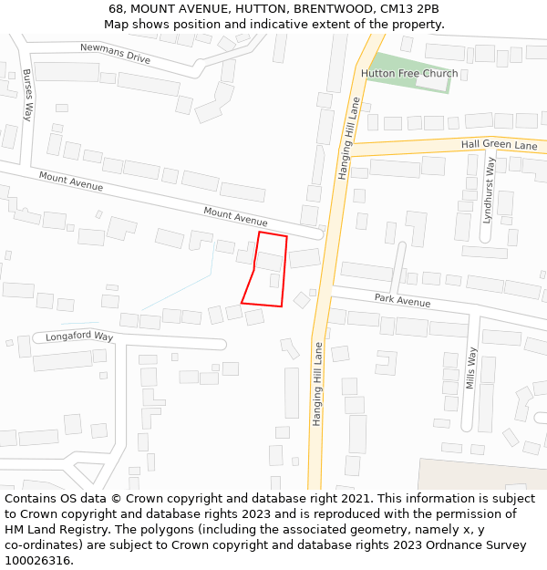 68, MOUNT AVENUE, HUTTON, BRENTWOOD, CM13 2PB: Location map and indicative extent of plot